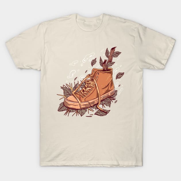 A Brown Shoe with Some Leaves T-Shirt by unygara